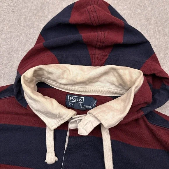 VTG Polo Ralph Lauren Rugby Hoodie Mens XL Red Blue Striped Collared Distressed - Picture 5 of 11